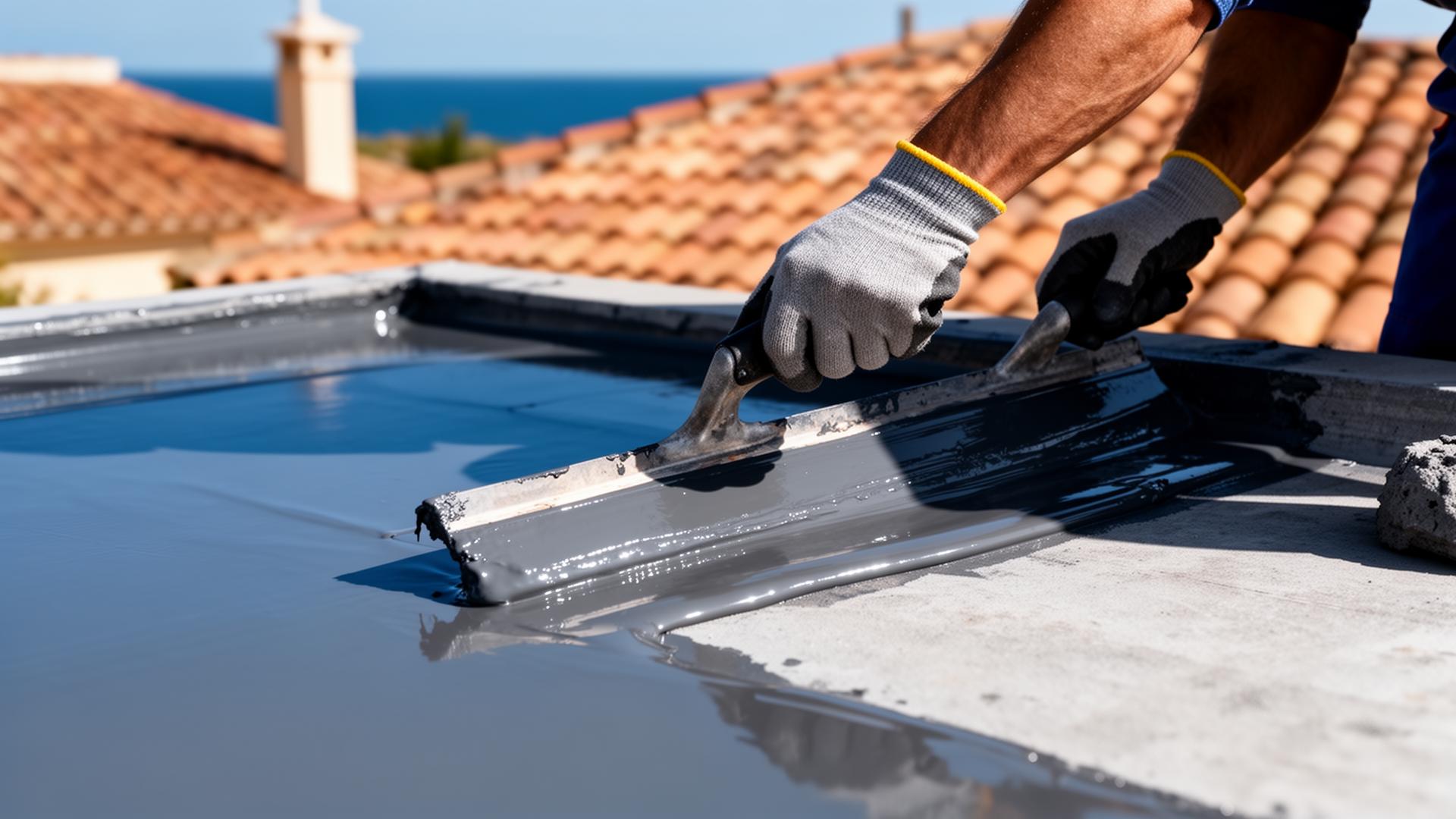 Waterproofing contractor applying liquid membrane on a Cyprus rooftop