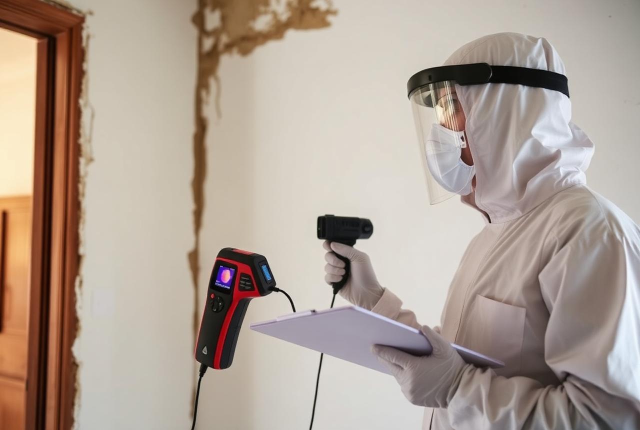 Specialist carrying out a mould and moisture inspection with a thermal camera in a Cyprus property