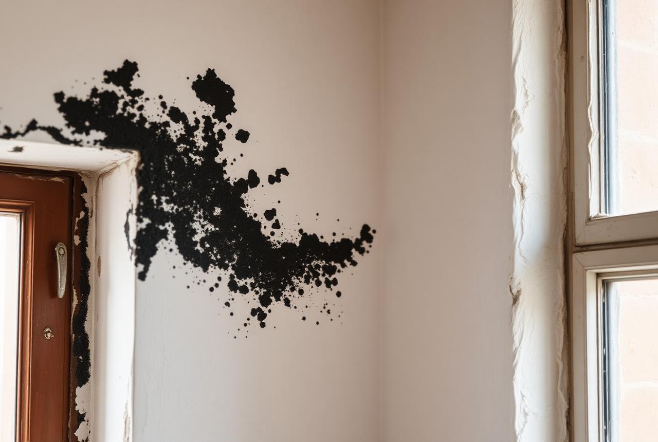Black mould spreading across a damp interior wall in a Cyprus villa